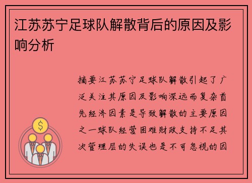 江苏苏宁足球队解散背后的原因及影响分析