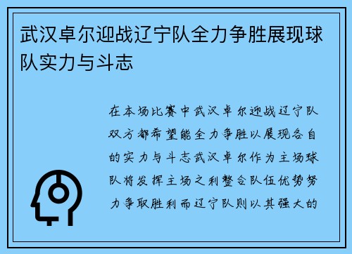 武汉卓尔迎战辽宁队全力争胜展现球队实力与斗志